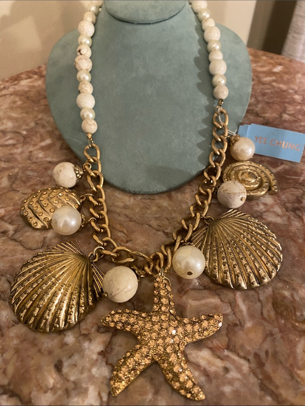 Yee Chung Coastal Gold-Tone Seashell & Starfish Statement Necklace Faux Pearls